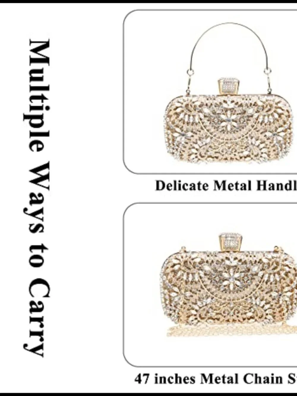 Rhinestone Sequin Clutch Evening Bag Metal Frame Removable Chain